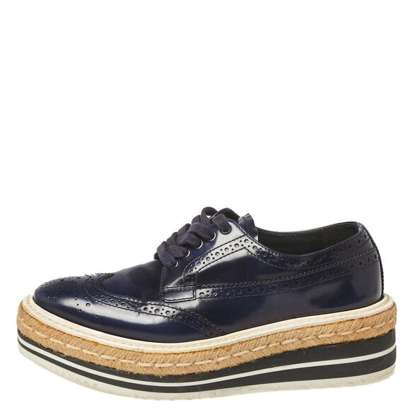 Prada Blue Brogue Leather Derby Lace Up Espadrille Sneakers Size 35.5 - Picture 2 of 4